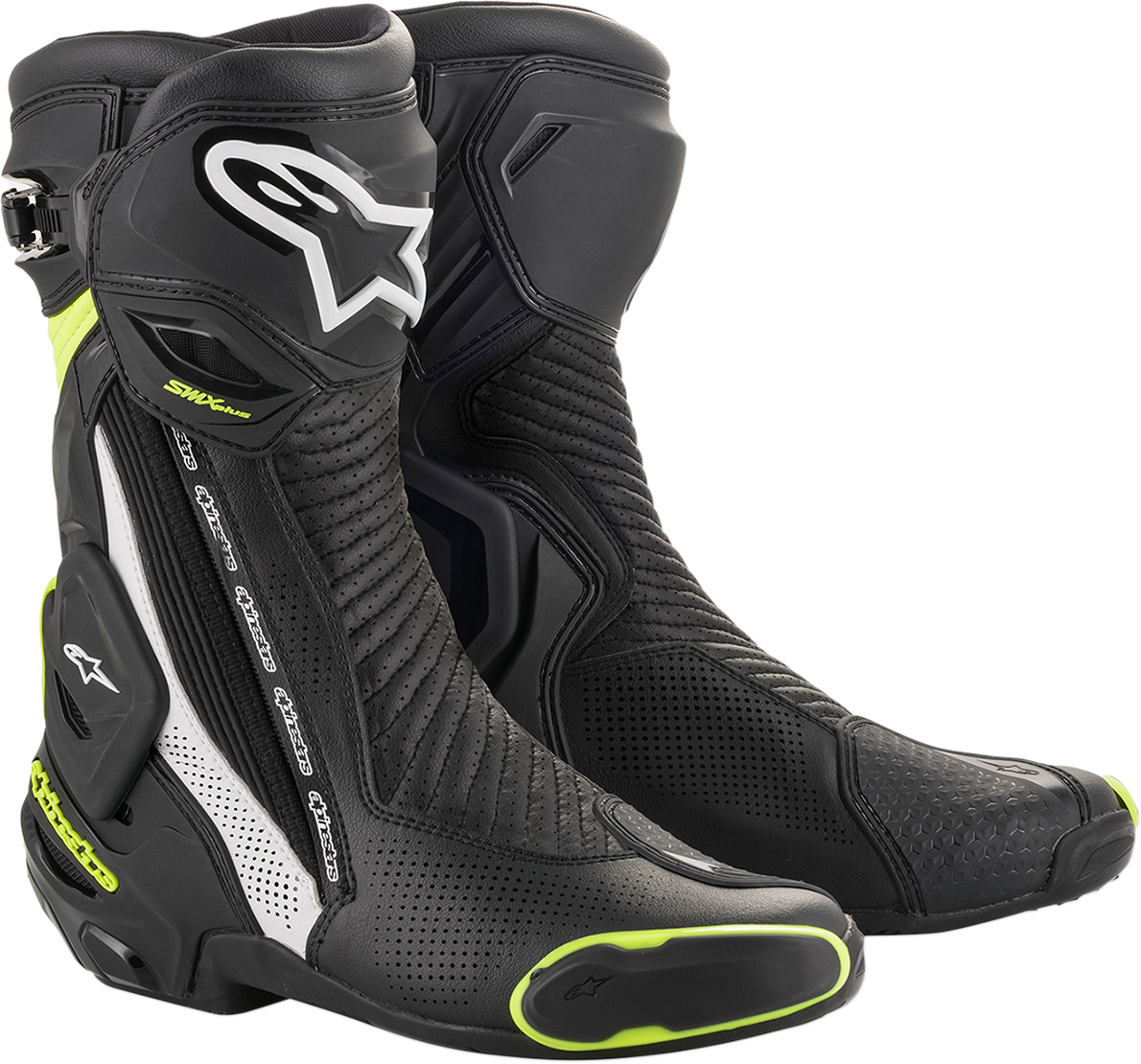 Alpinestars SMX Plus V2 Vented Motorcycle Boots - Black/White/Yellow, US 8 / EU 42 | Part Number 2221119-125-42