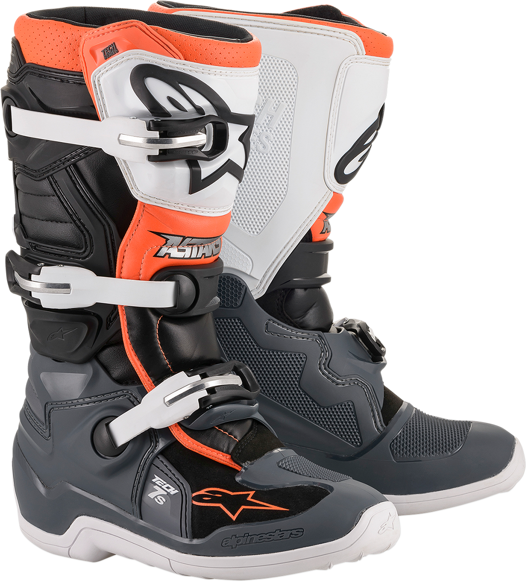 Alpinestars Youth Tech 7S Motorcycle Boots - Black, Gray, White, and Orange Fluorescent, Size US 3 / EU 35.5