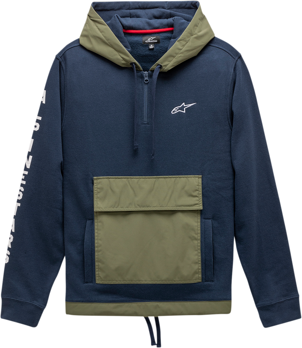 ALPINESTARS Explorer Hoodie Navy XL - 1/4 Zip Fleece Anorak with Embroidered Logo and Sleeve Print