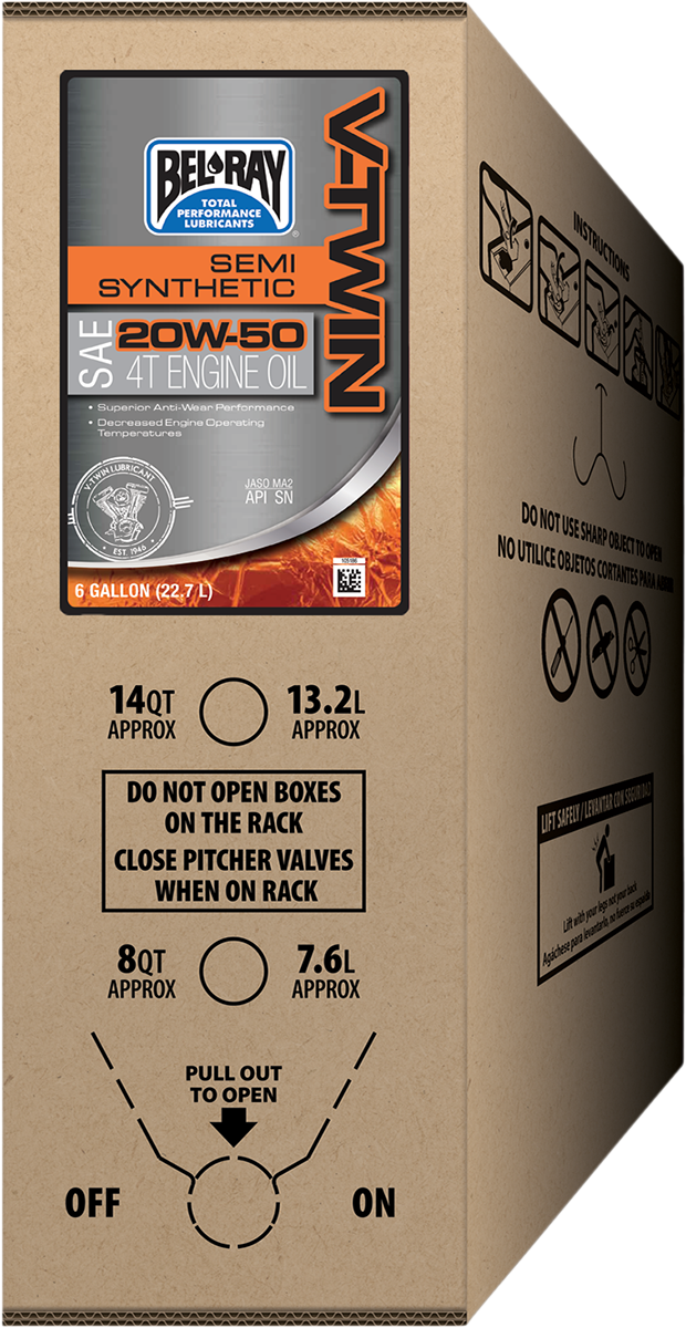 BEL-RAY V-Twin Semi-Synthetic Oil 20W-50 – 6 Gallon Bag-In-Box, Part No. 301389150033