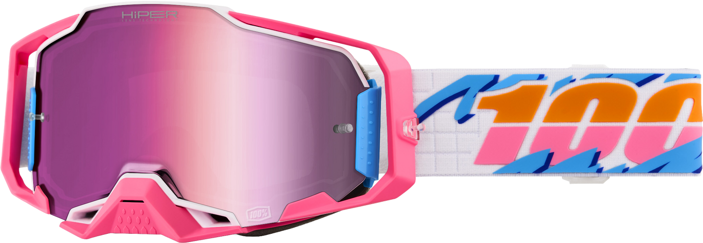 100 Percent Armega Hiper Goggle with Pink Mirror Lens – Impact-Resistant MX Goggles with Ultra HD Clarity