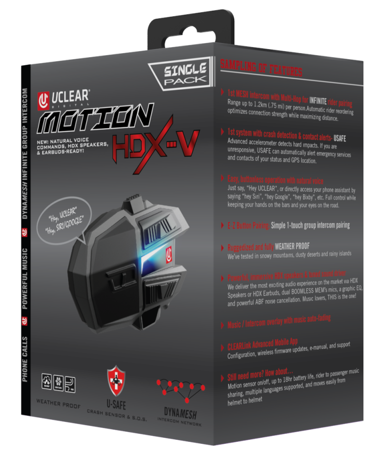 UCLEAR Motion HDX-V Single Kit Helmet Audio System with Crash Detection and DynaMESH Intercom