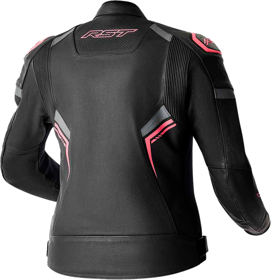 RST Women's S1 D3o Leather Jacket Black and Fluorescent Pink, 2XL