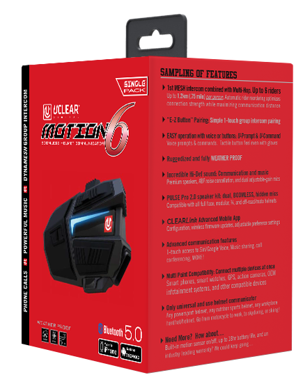 Uclear Motion 6 Single by UCLEAR - Advanced Bluetooth Motorcycle Helmet Communications System with DynaMESH Intercom and 18-Hour Battery Life