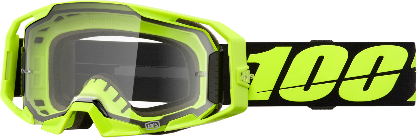100-Percent Armatic Goggle Neon Yellow with Clear Lens – MX Racing Goggles with Quick-Release System