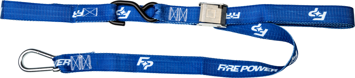 FIRE POWER 1.5 - inch Tie Down Soft Tie Blue Pair – Heavy Duty Nylon Webbing with Cam Buckle and Vinyl - Coated S Hooks - Kelly Motorsports