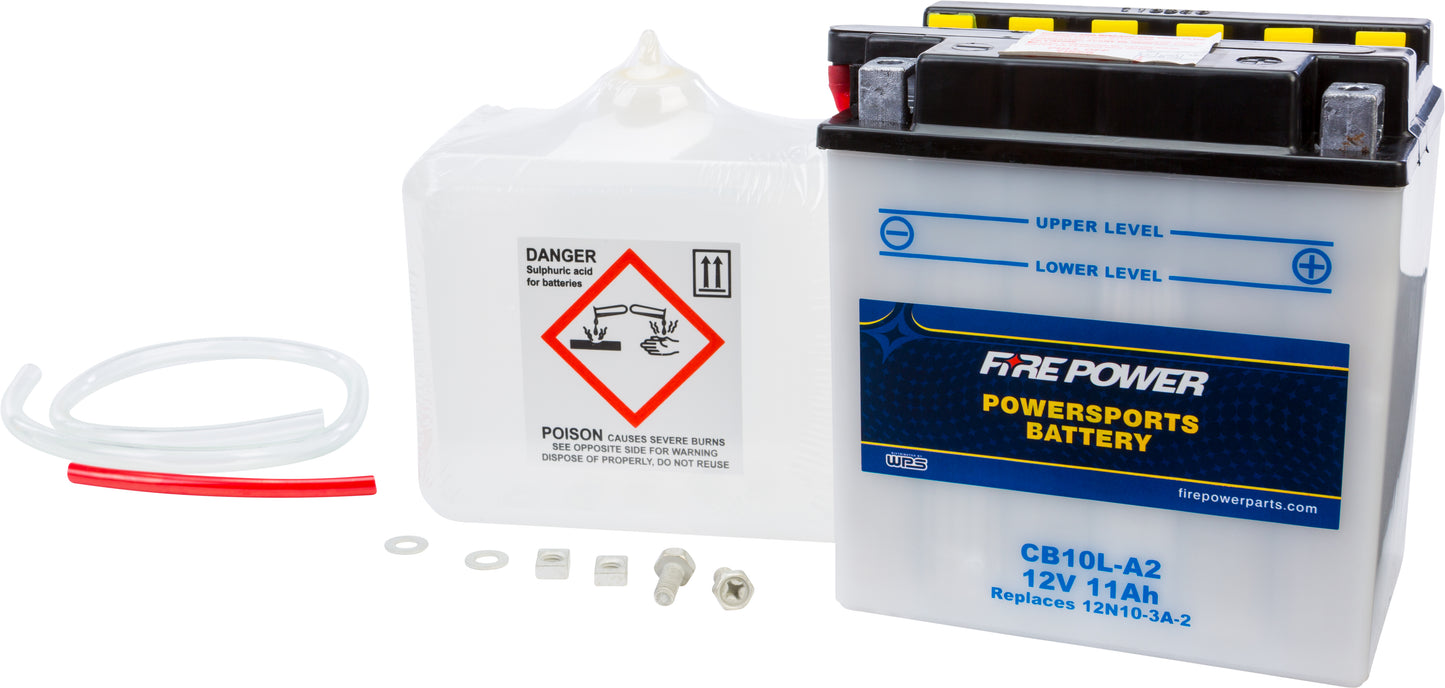 Fire Power CB10L - A2 12V Heavy Duty Motorcycle Battery with Acid Pack - Kelly Motorsports