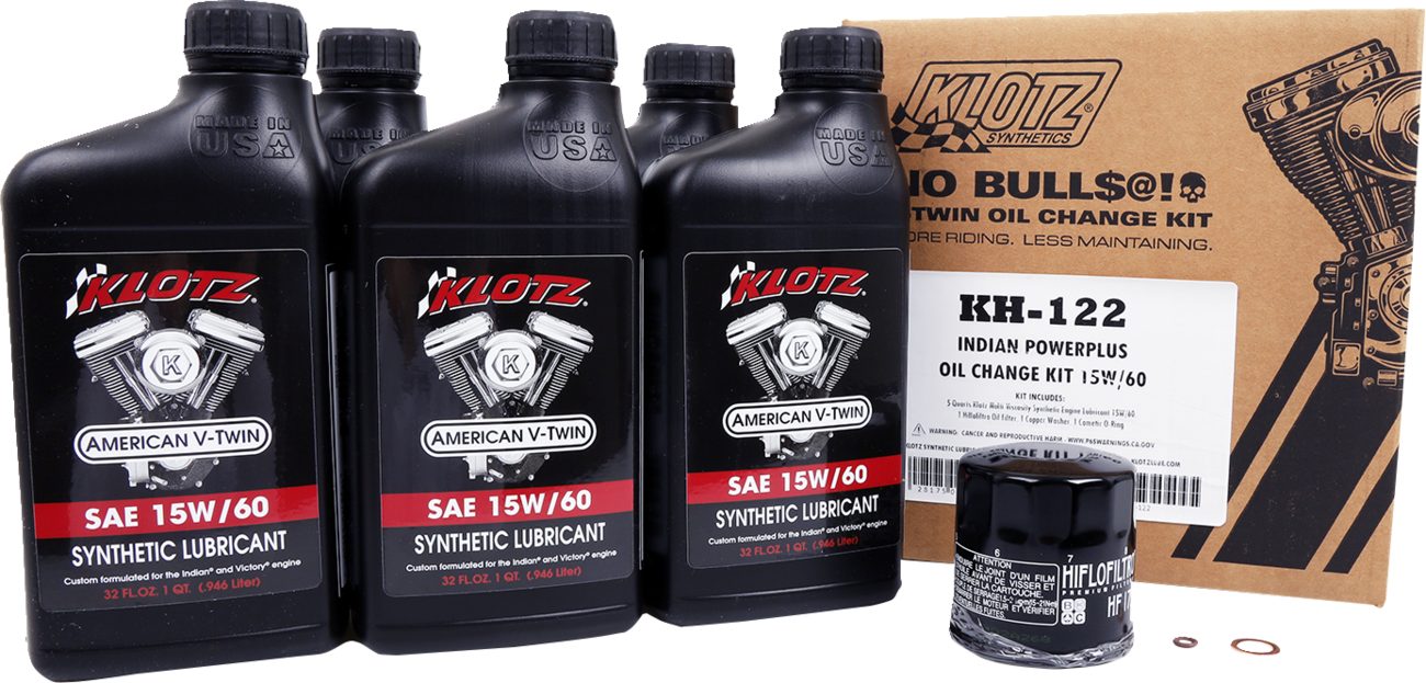 Klotz Oil Powerplus 15W - 60 Oil Change Kit for Indian V - Twin Motorcycles – Part Number KH - 122 - Kelly Motorsports