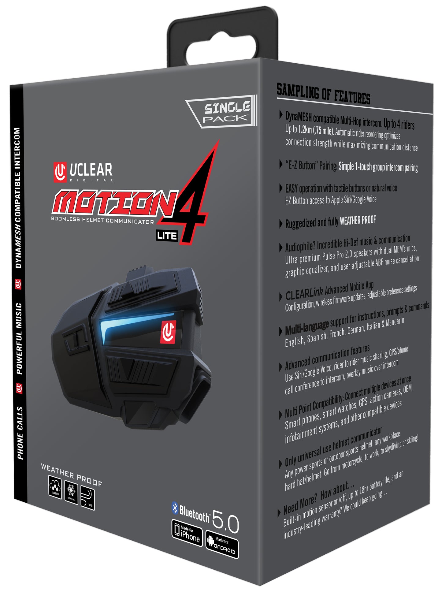 UCLEAR Motion 4 Lite Bluetooth Communicator with Multi-Rider Intercom and Weatherproof Design