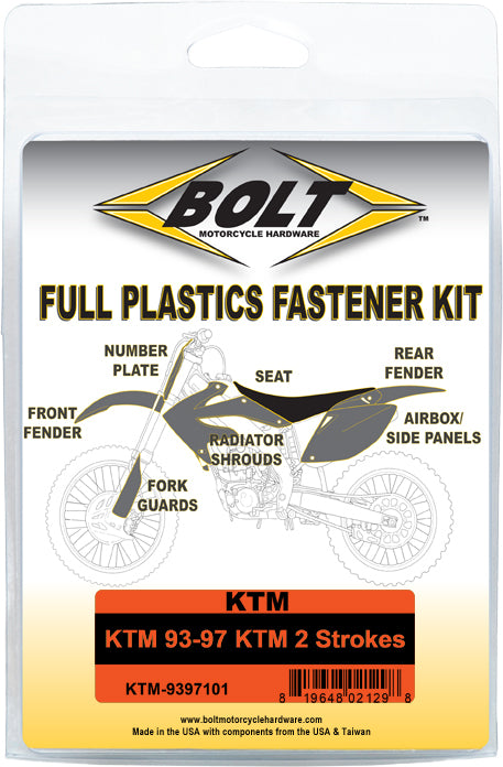 BOLT Full Plastic Fastener Kit for KTM 250 and 300 EXC and SX Models - Part Number KTM-9397101