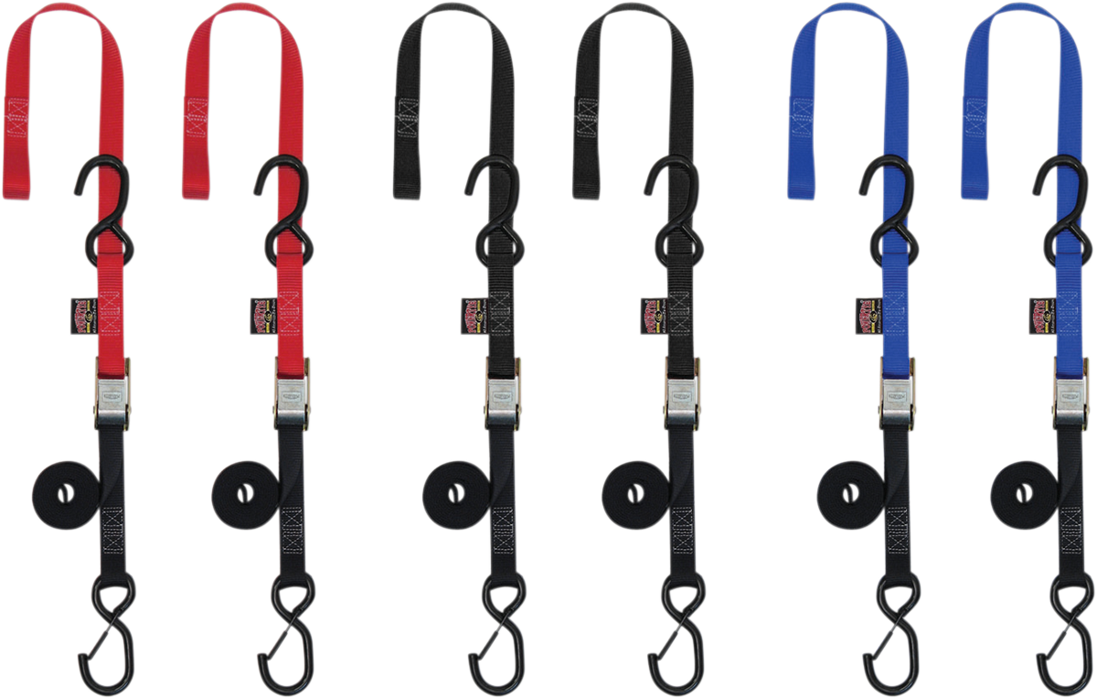 POWERTYE MFG. Soft-Tye Tie-Down Straps with Cam Buckle and S-Hooks, 1 inch x 5.5 feet, Red - Part No. 23621-SR