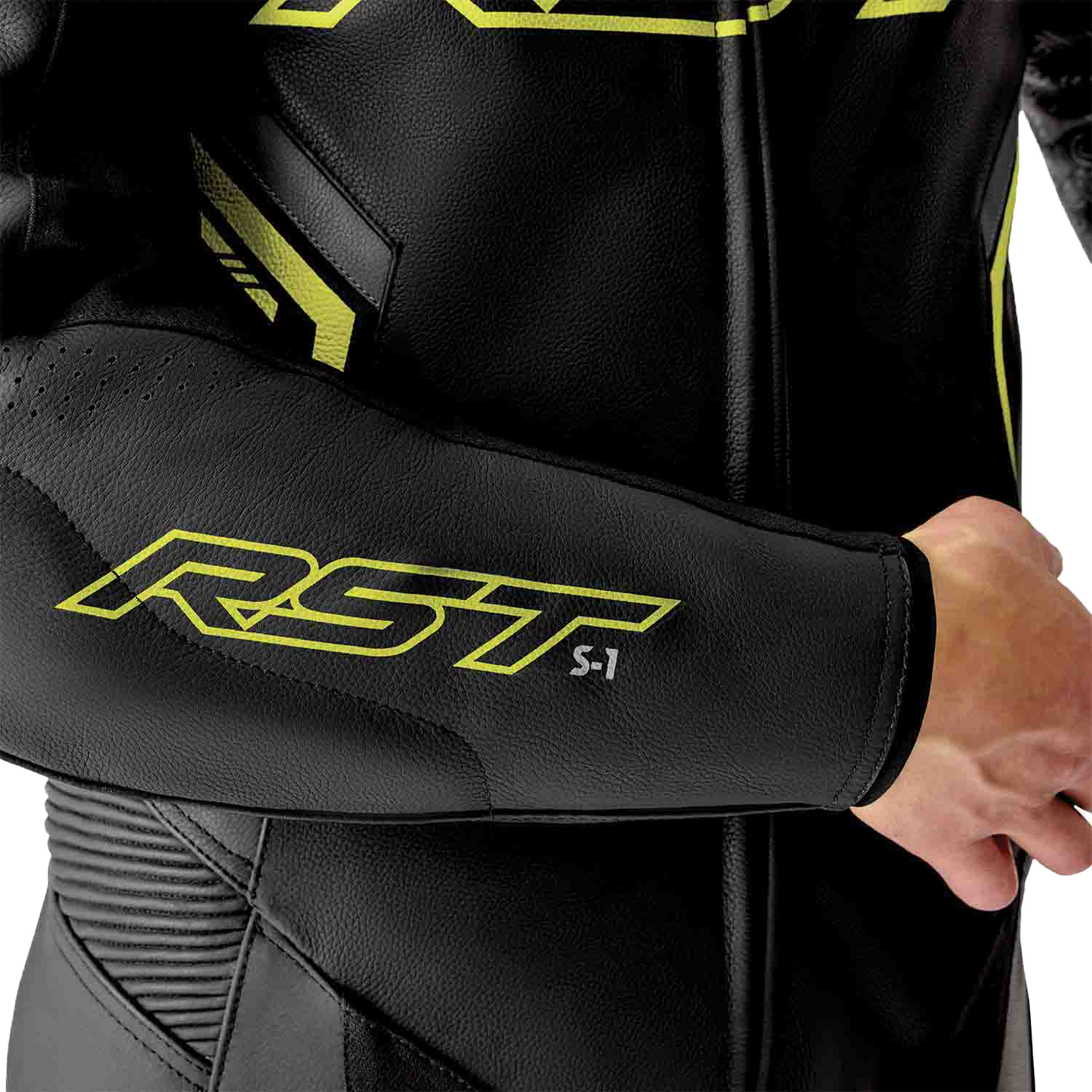 RST S1 D3O Leather Suit with Level 1 Armor - Black, Gray, and Fluorescent Yellow, Size Small