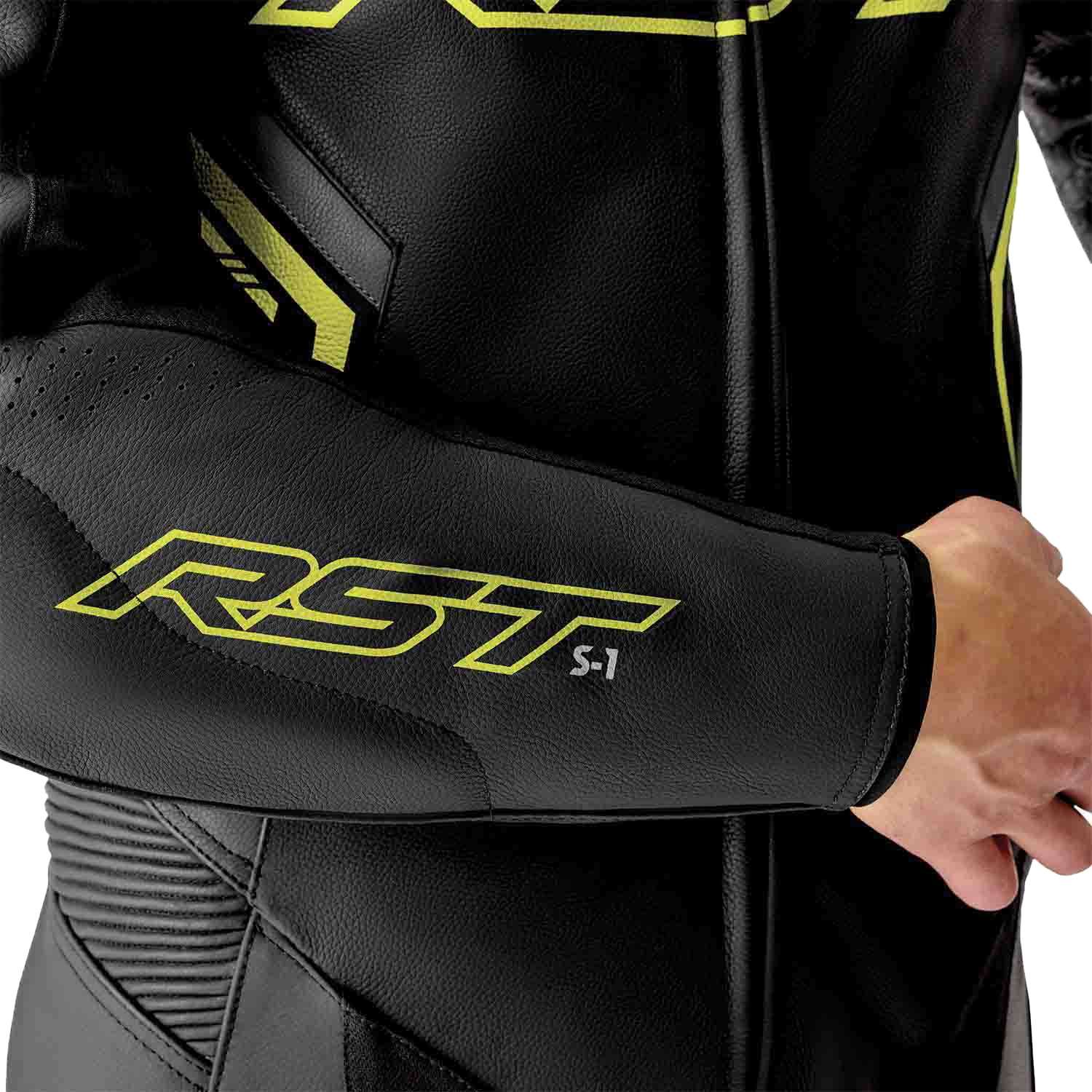RST S1 D3O Leather Suit with Level 1 Armor - Black, Gray, and Fluorescent Yellow, Size Small