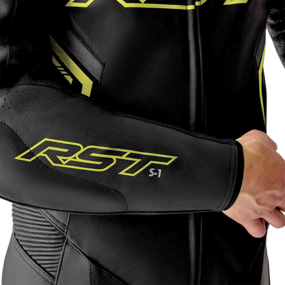 RST S1 D3O Leather Suit with Level 1 Armor - Black, Gray, and Fluorescent Yellow, Size Small