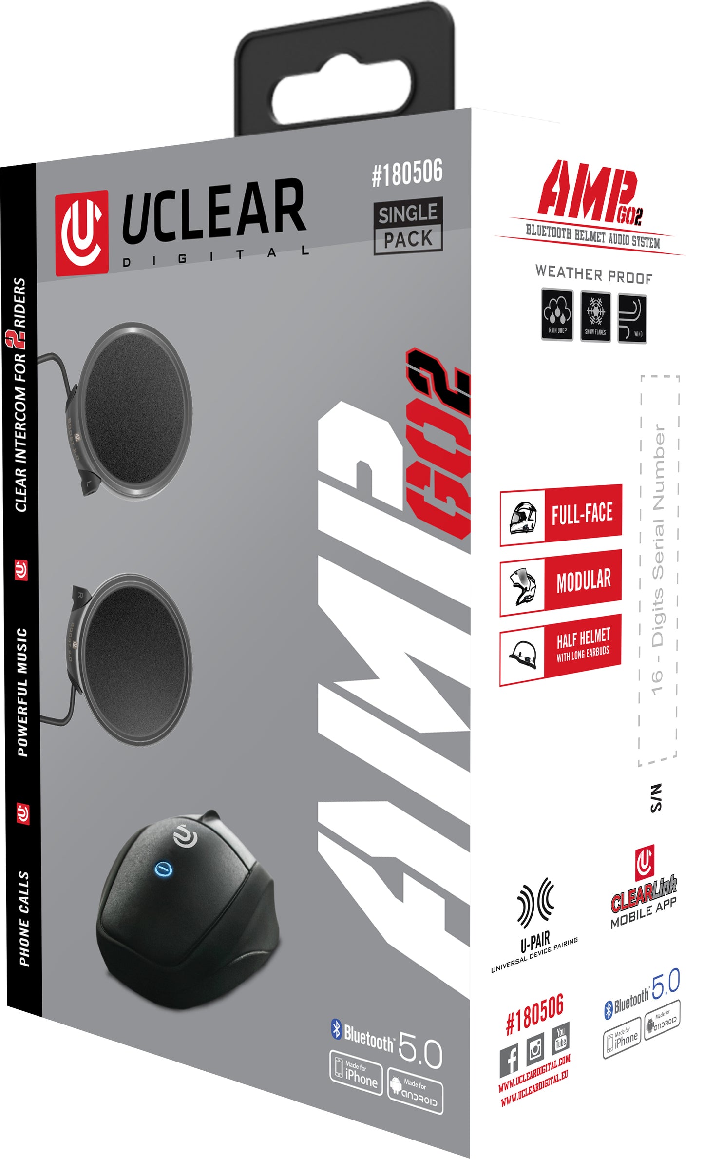 UCLEAR Amp Go2 Bluetooth Helmet Audio System - Single & Dual Rider Intercom with Noise Cancellation
