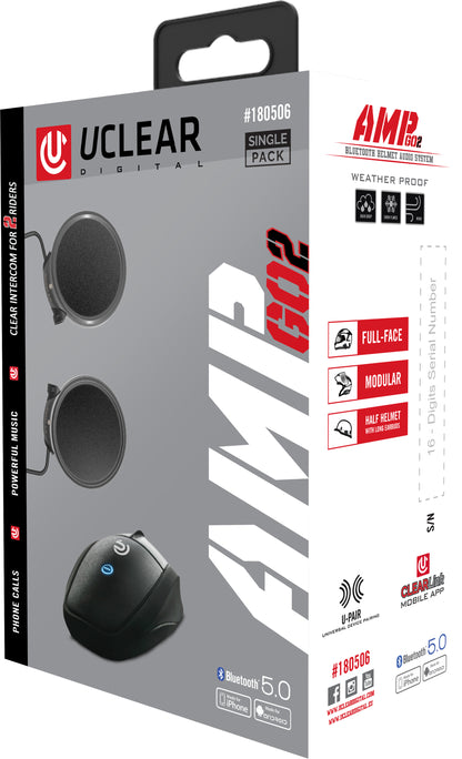 UCLEAR Amp Go2 Bluetooth Helmet Audio System - Single & Dual Rider Intercom with Noise Cancellation