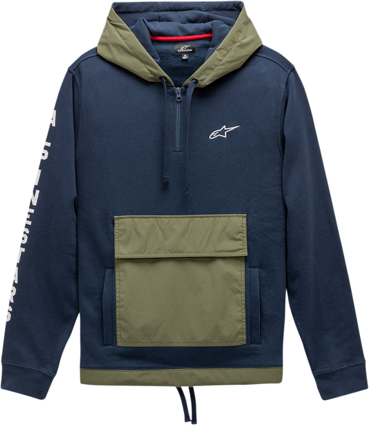 ALPINESTARS Explorer Hoodie Navy XL - 1/4 Zip Fleece Anorak with Embroidered Logo and Sleeve Print