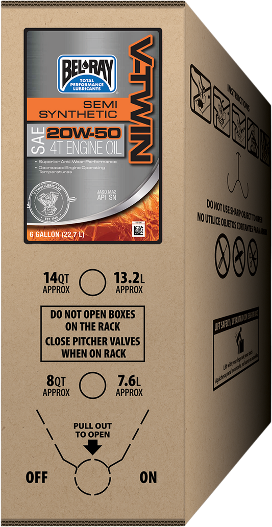 BEL-RAY V-Twin Semi-Synthetic Oil 20W-50 – 6 Gallon Bag-In-Box, Part No. 301389150033