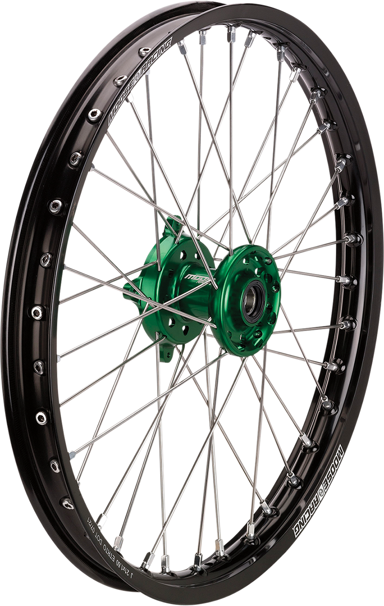Moose Offroad SX-1 Complete Front Wheel Assembly for Kawasaki KX - 21x1.6 with Black Rim and Green Hub, Part Number KFN-16021-BKGN