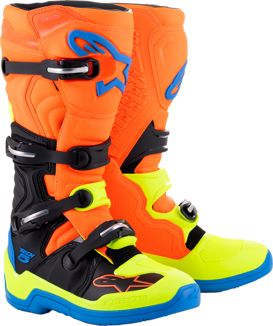 Alpinestars Tech 5 Off-Road Motorcycle Boots - Orange Fluorescent/Blue/Yellow Fluorescent, US 14 / EU 49.5