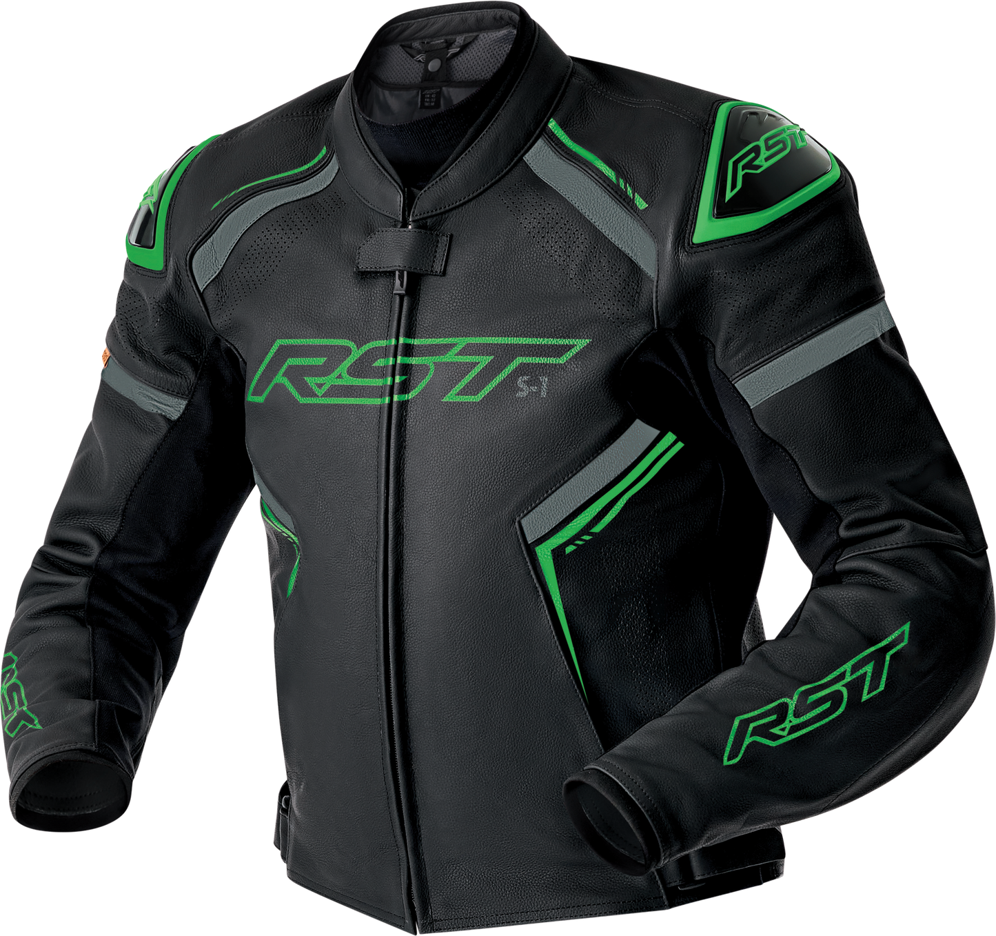 RST S1 D3o Leather Jacket in Black, Gray, and Fluorescent Green - Size Small