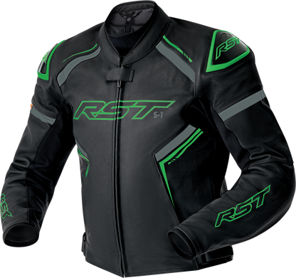 RST S1 D3o Leather Jacket in Black, Gray, and Fluorescent Green - Size Small