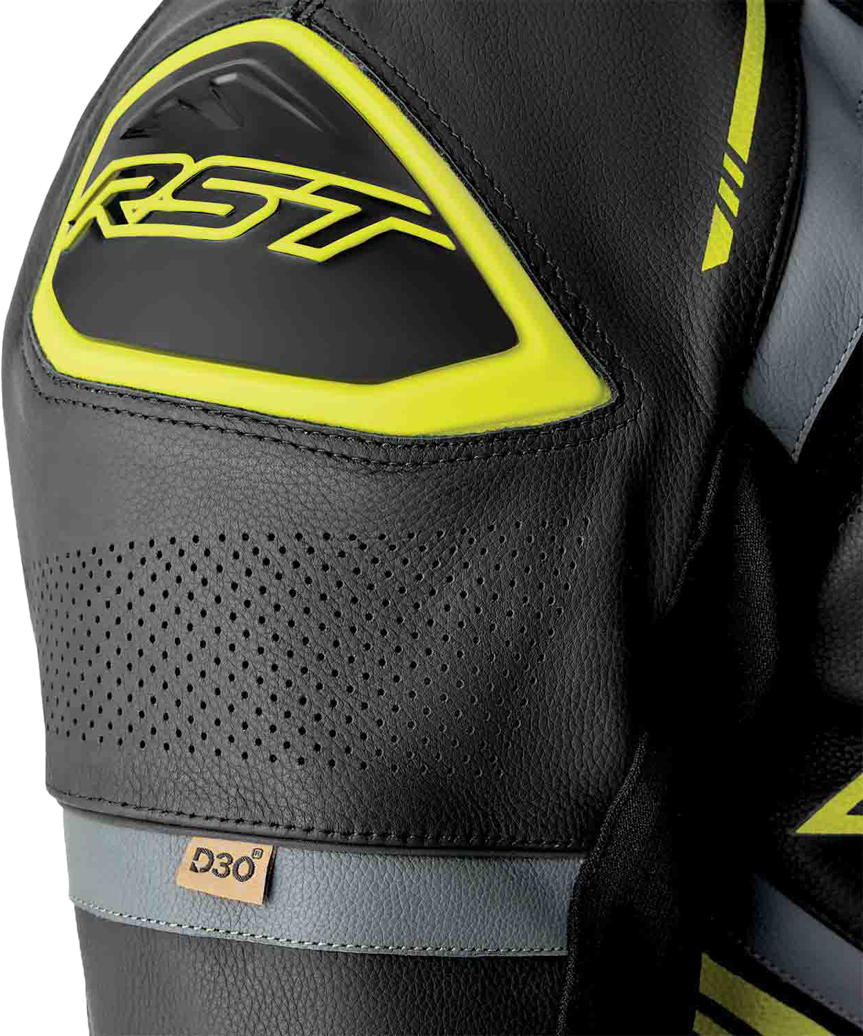 RST S1 D3O Leather Suit with Level 1 Armor - Black, Gray, and Fluorescent Yellow, Size Small