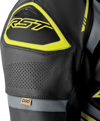 RST S1 D3O Leather Suit with Level 1 Armor - Black, Gray, and Fluorescent Yellow, Size Small
