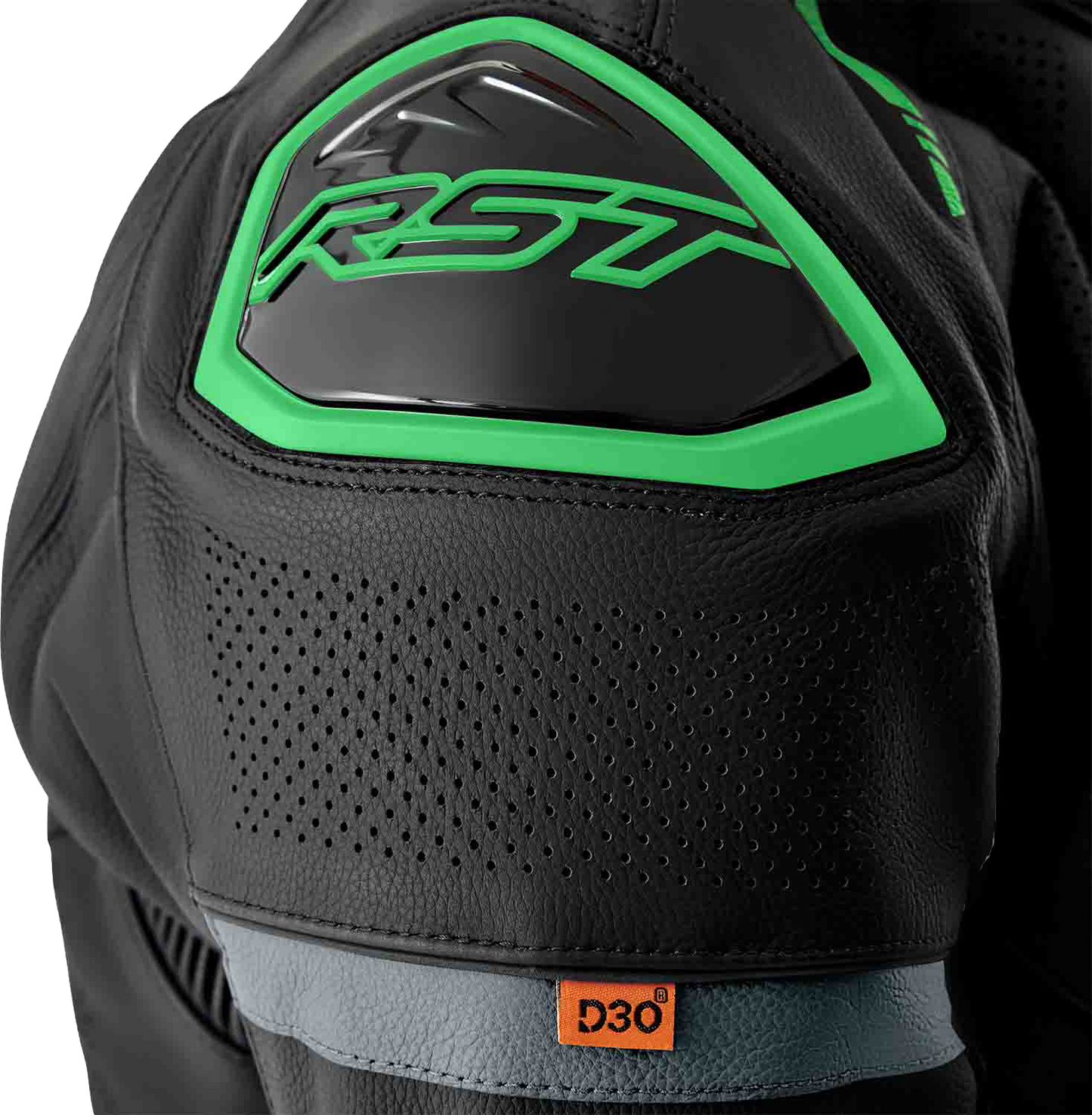 RST S1 D3o Leather Jacket in Black, Gray, and Fluorescent Green - Size Small