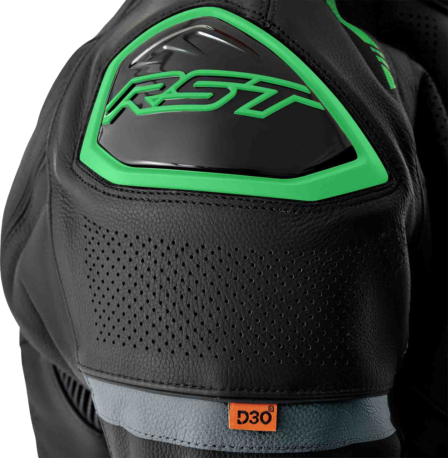 RST S1 D3o Leather Jacket in Black, Gray, and Fluorescent Green - Size Small
