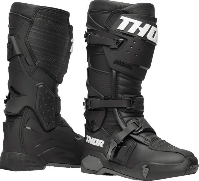 A pair of black Thor motocross boots with white brand lettering, shown against a plain white background.