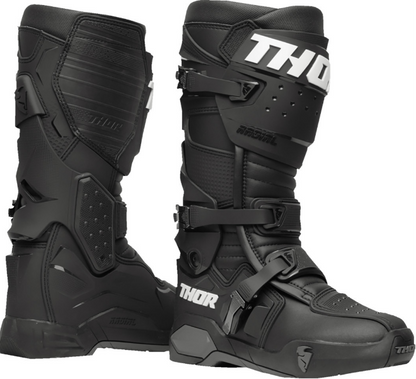 A pair of black Thor motocross boots with white brand lettering, shown against a plain white background.