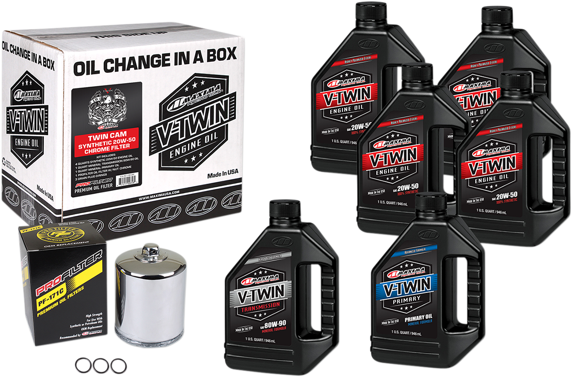 Maxima Racing Oil Twin Cam Synthetic 20W-50 Oil Change Kit with Chrome Filter – Part Number 90-119016PC