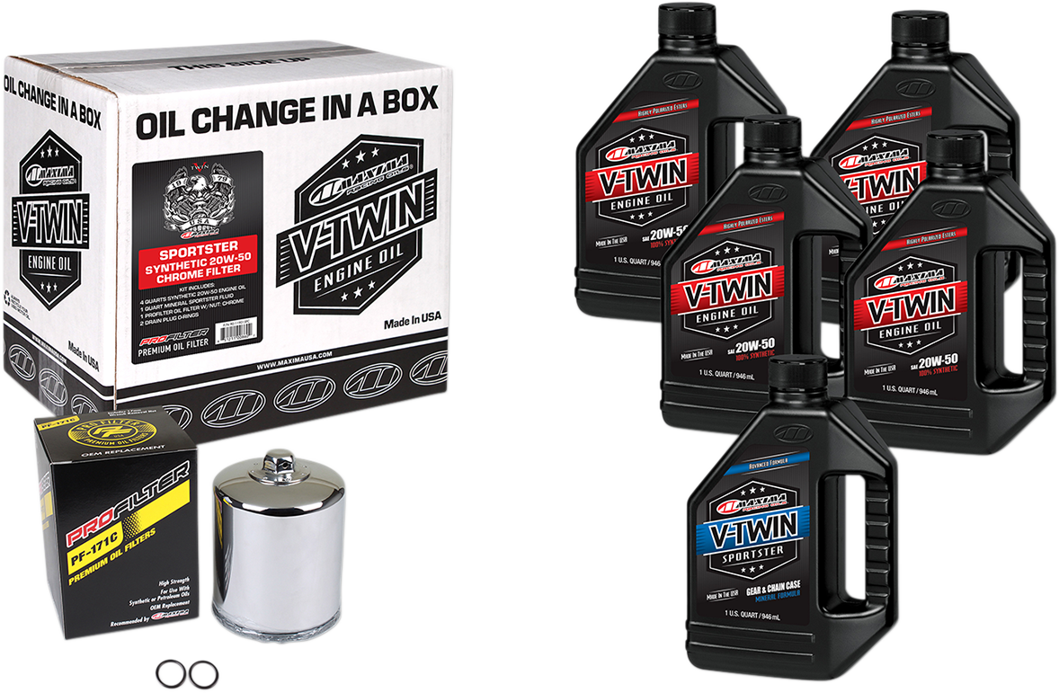 Maxima Racing Oil Sportster Synthetic 20W-50 Oil Change Kit with Chrome Filter – Part 90-119015PC