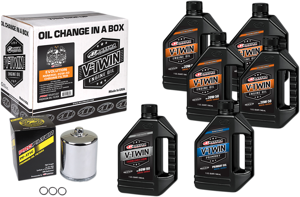 Maxima Racing Oil Evolution Mineral 20W-50 Oil Change Kit with Chrome Filter - Part 90-069016PC