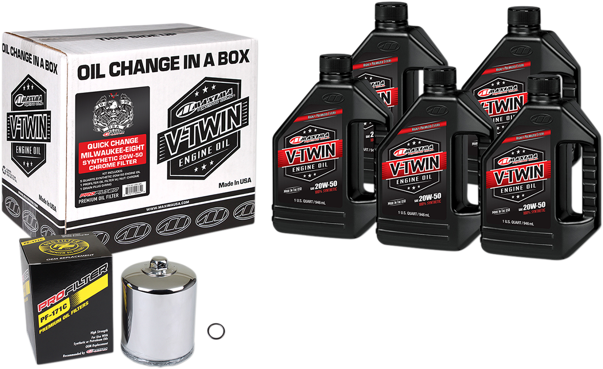 Maxima Racing Oil Quick Change M8 Synthetic 20W-50 Oil Change Kit with Chrome Filter - Part Number 90-129015PC