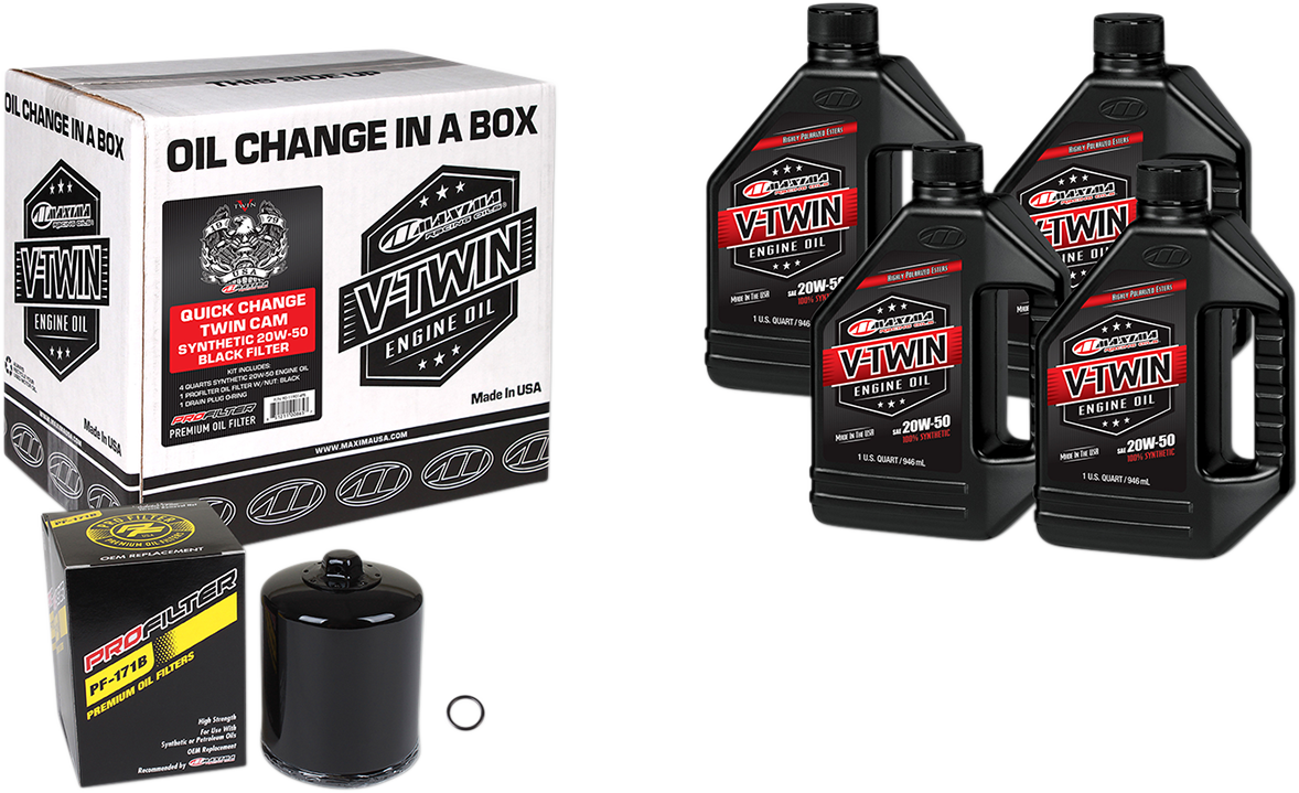 Maxima Racing Oil Quick Change Twin Cam Synthetic 20W-50 Oil Change Kit with Black Filter - Part 90-119014PB