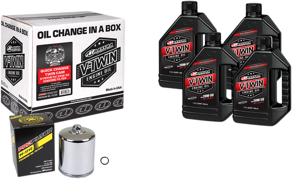 Maxima Racing Oil Quick Change Twin Cam Synthetic 20W-50 Oil Change Kit with Chrome Filter - Part 90-119014PC