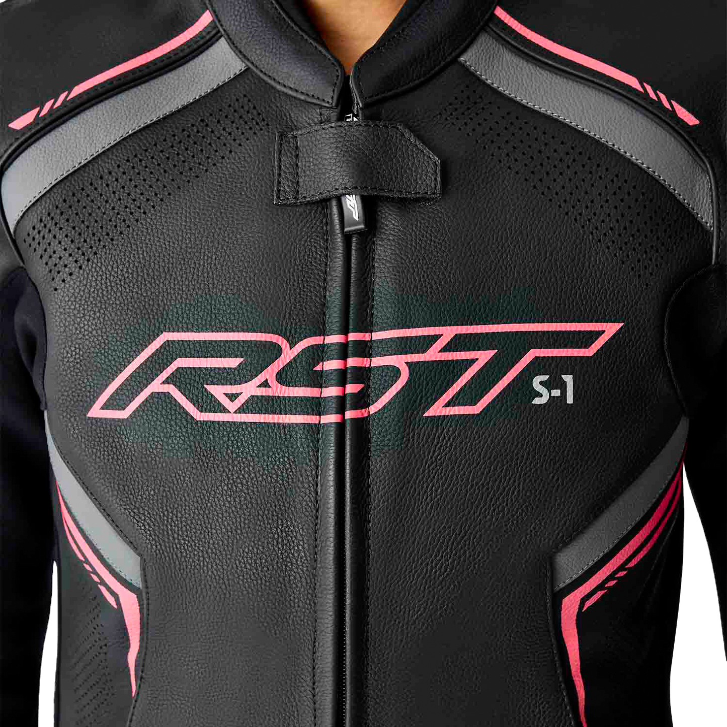 RST Women's S1 D3o Leather Jacket in Black and Fluorescent Pink, Large