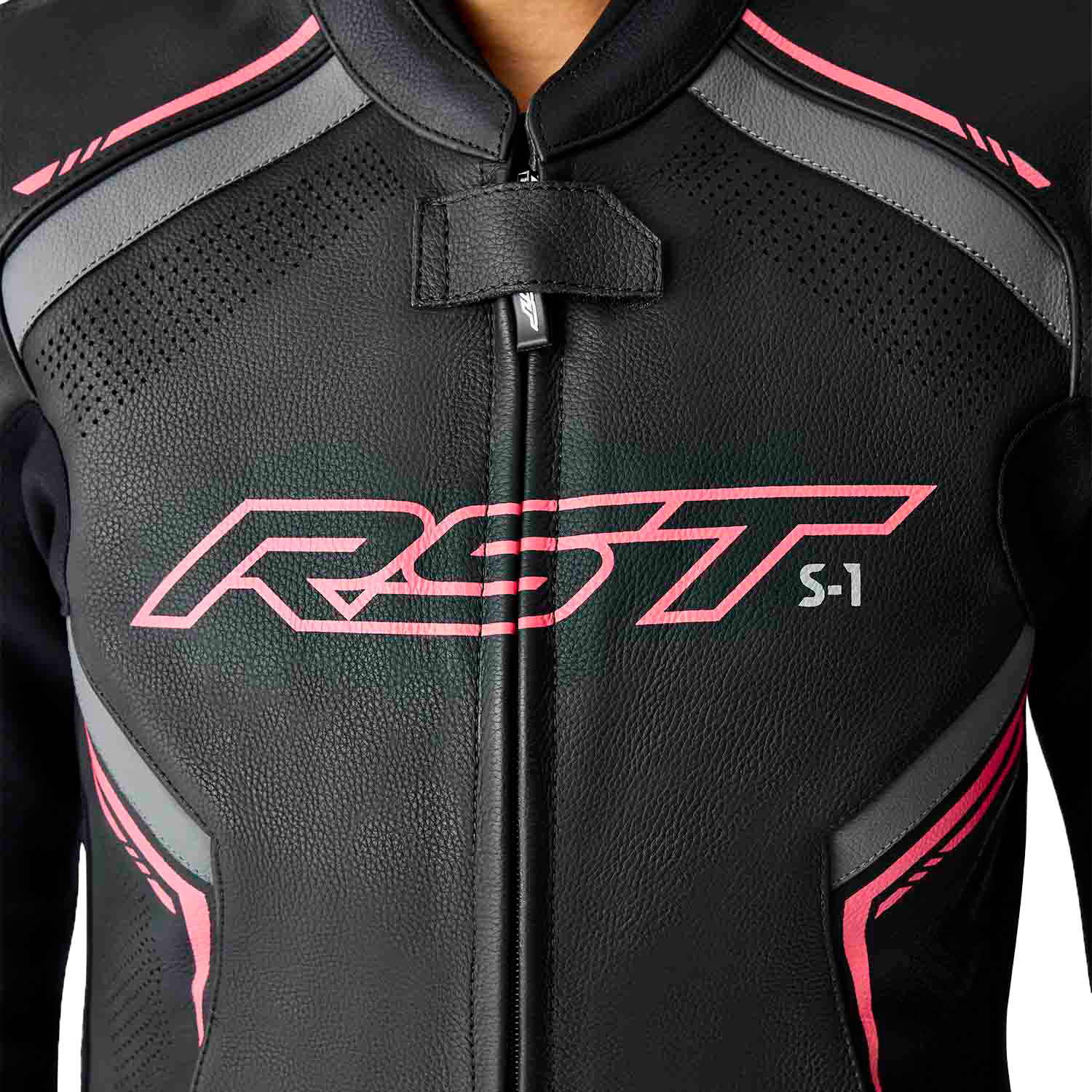 RST Women's S1 D3o Leather Jacket in Black and Fluorescent Pink, Large