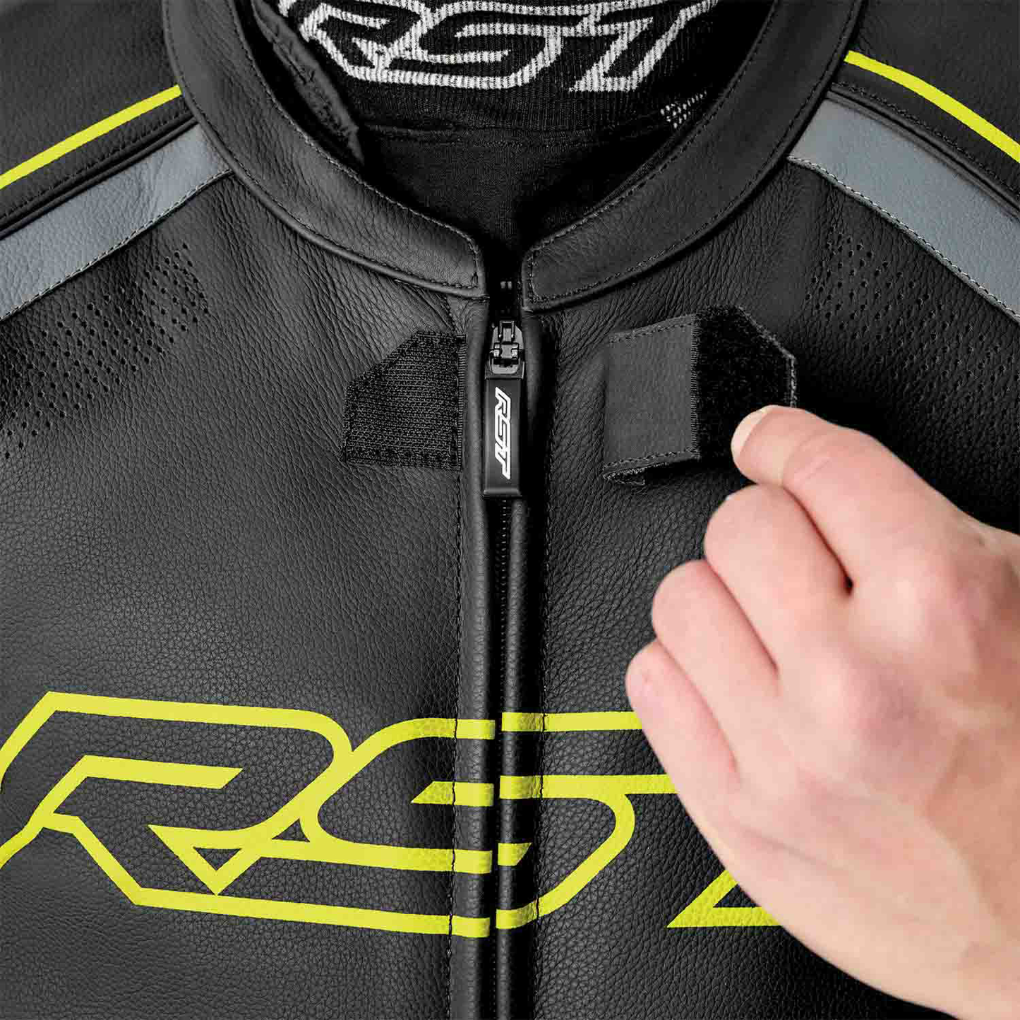 RST S1 D3O Leather Suit with Level 1 Armor - Black, Gray, and Fluorescent Yellow, Size Small