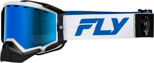 Fly Racing Zone Elite Snow Goggle in White and Blue with Dark Blue Mirror and Plated Smoke Lens