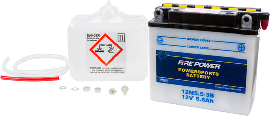 Fire Power 12V Battery with Acid for Yamaha RZ350, XS1, HS1, and AS2C Models - Part #12N5.5-3B