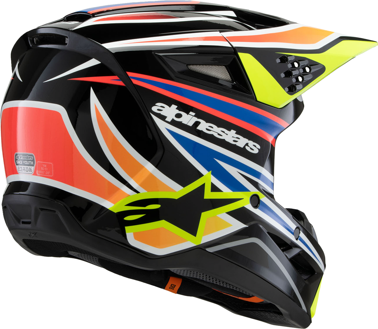 Alpinestars Youth SM3 Helmet - Wurx, Small, Gloss Black/Yellow Fluo/Blue/Red, Part Number 8302025-1574-YS