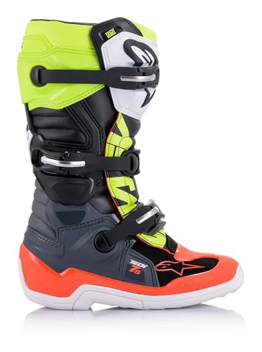 Alpinestars Youth Tech 7S Motocross Boots, CE-Certified Off-Road Protection, Comfort & Flexibility, 8, Dark Gray/Red flourescent/Yellow