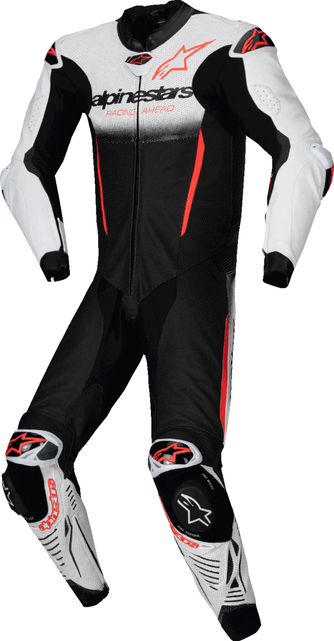 Alpinestars GP-R7 One-Piece Leather Suit for Racing and Track Days – White, Black, Red Fluo, US 42 / EU 52