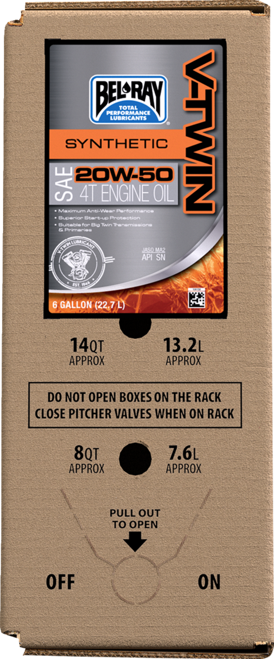 BEL-RAY V-Twin Synthetic Oil 20W-50 Part 303133150033 - 6 Gallon Bag-In-Box for Twin Cam & M8 Engines