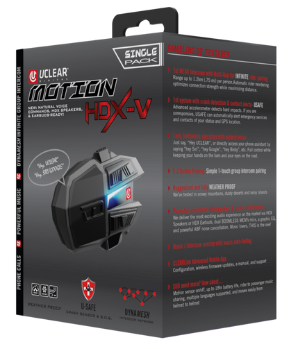 UCLEAR Motion HDX-V Single Kit Helmet Audio System with Crash Detection and DynaMESH Intercom