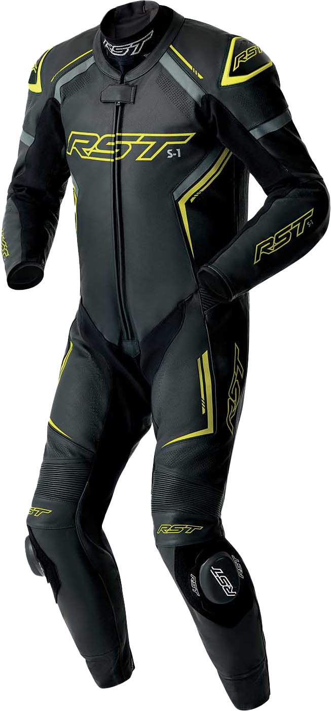 RST S1 D3O Leather Suit with Level 1 Armor - Black, Gray, and Fluorescent Yellow, Size Small