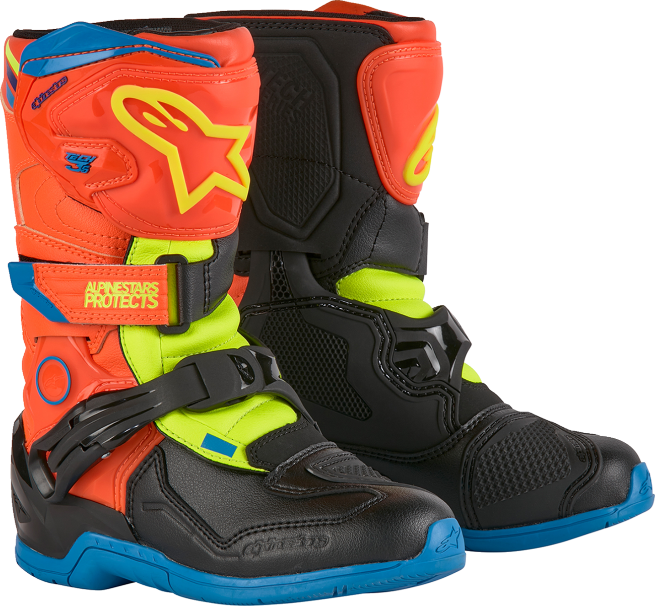 Alpinestars Kids Tech 3S Boots - Fluorescent Orange, Yellow, and Blue for Youth Riders, US 10 / EU 28